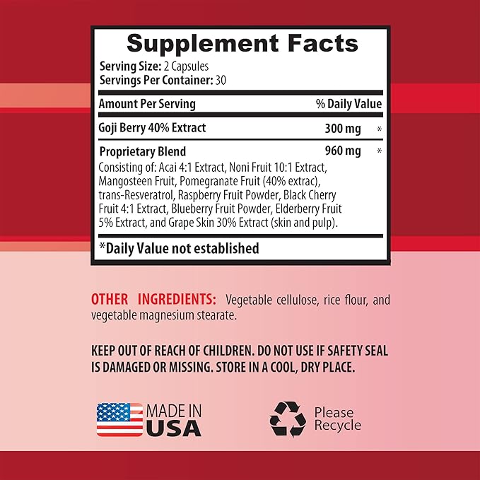 Brain and Memory Power Boost - Goji Berry - Natural ANTIOXIDANT Complex Immune Support Noni Supplement Pills Mangosteen Extract acai Berry superfruit Complex Energy Booster 2 Bottles 120 Caps