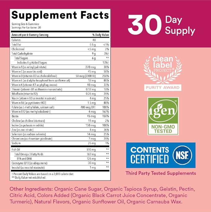 SmartyPants Women's Multivitamin Gummies: Omega 3 Fish Oil (EPA/DHA) Methylfolate CoQ10 Vitamin D3 C Vitamin B12 B6 A K &amp Zinc Inositol Gluten Free (30 Day Supply) 180 Count (Pack of 2