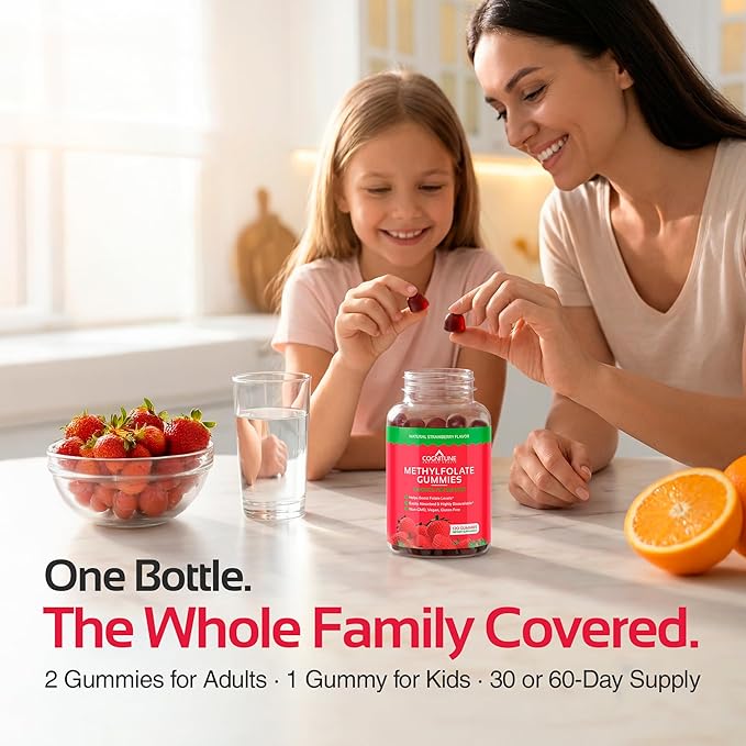 CogniTune Methylfolate Gummies for Kids and Adults - L-Methylfolate 1000mcg 5-MTHF Folate Supplement - MTHFR Support - Strawberry Chewable Vitamin B9 - Non-GMO Vegan - 60 Count