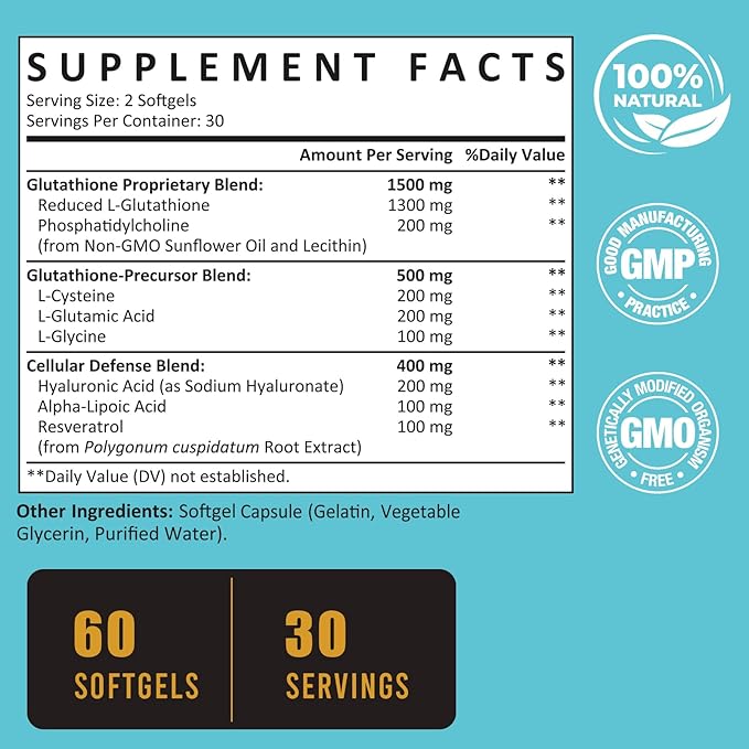 2400 MG Liposomal Glutathione Softgels Max Absorption Active Form L-Glutathione Reduced (GSH) with Hyaluronic Acid Resveratrol Master Antioxidants for Detox Brain Immune System 180 Softgels