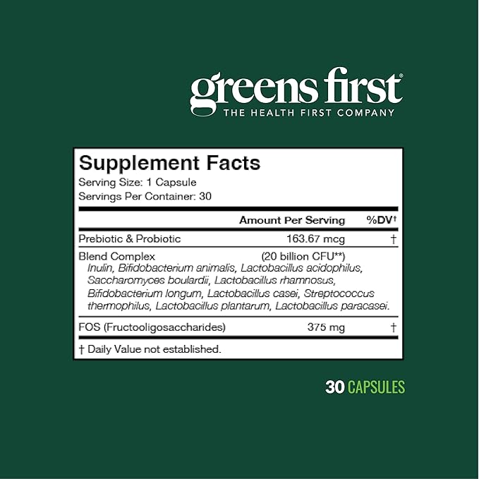 Greens First Probiotics - 20 Billion CFU of Beneficial Bacteria - FOS Soluble Fiber - Supports Gut Digestive Health and Skin Appearance - 30 Servings/Capsules