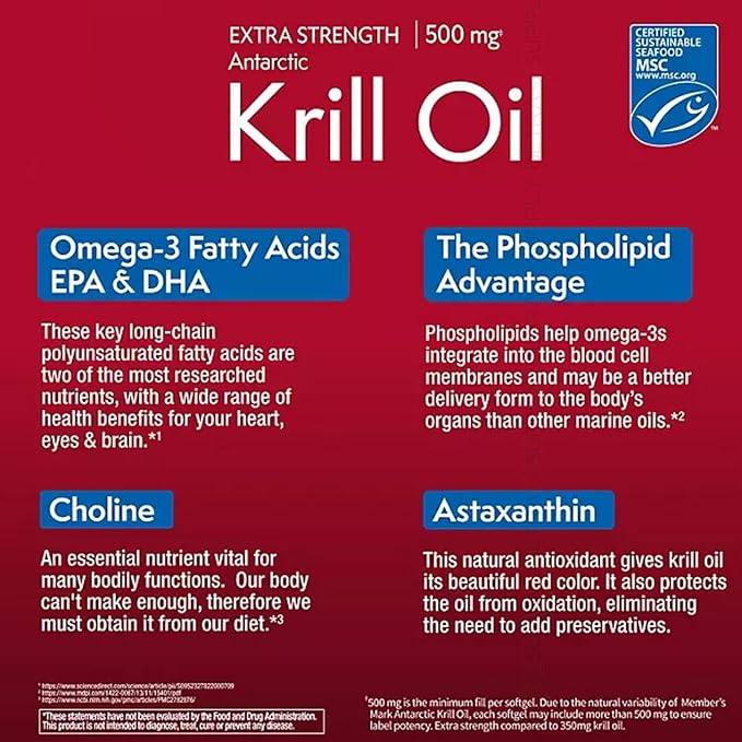 Members Mark Krill Oil (160 Count) Extra Strength Antarctic Omega-3 500 mg | Heart Health Support Enhanced Absorption No Fishy Aftertaste | MSC-Certified Pure Antarctic Source