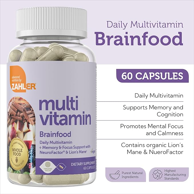 Zahler - Multivitamin Brain Supplement (60 Count) Kosher Brainfood Capsules for Adults with Neuro Factor &amp Lion's Mane - Nootropic Brain Supplements for Memory Support - Focus Mental Energy Boost