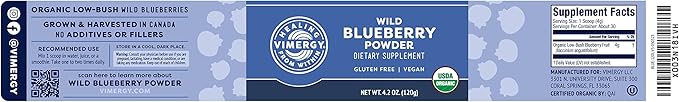 Vimergy Wild Blueberry Powder –Protects Brain Health* - Supports Cardiovascular Function* – Organic Vegan &amp Gluten-Free – 120g
