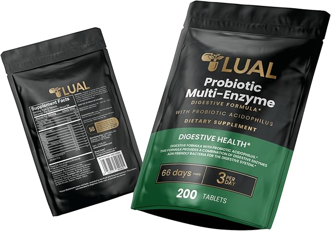 LUAL Probiotic Multi-Enzyme for Digestive Health. Probiotic + Digestive Enzymes for Women &amp Men. Lactobacillus Acidophilus Bromelain Papain | 200 Tablets – 66 Days Supply