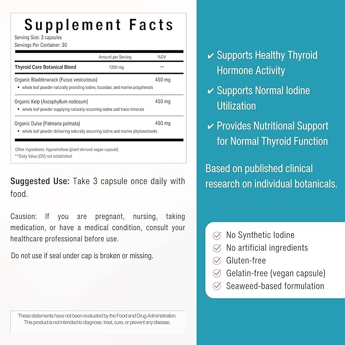 Thyroid Support Supplement for Women &amp Men – Organic Seaweed Iodine Formula with Kelp Bladderwrack &amp Dulse – Plant-Based No Synthetic Iodine – Supports Healthy Thyroid Function – 90 Capsules