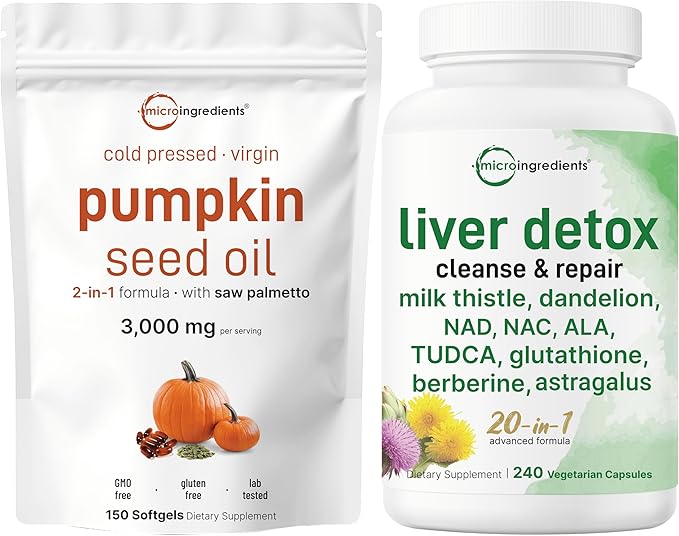 Micro Ingredients Pumpkin Seed Oil with Saw Palmetto 3000mg Softgels &amp Liver Detox Veggie Capsules | 2 Pack | Cold Pressed Virgin Oil | 20-in-1 Liver Cleanse with Milk Thistle TUDCA &amp Turme