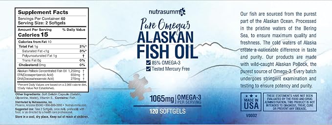 Nutrasumma High Purified Omega 3 Supplement Wild Alaskan Fish Oil Burpless &amp No Fishy Taste 650mg EPA &amp270mg DHA of 1250mg Fish Oil softgels Gluten Free Heart Brain&amp Immune Support 60