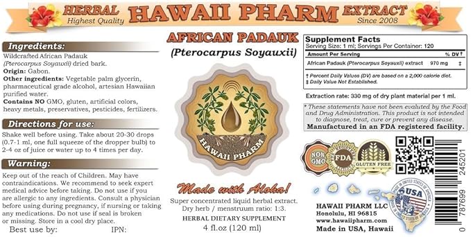 Hawaii Pharm African Padauk Liquid Extract African Padauk (Pterocarpus Soyauxii) Dried Bark Tincture Supplement 32 oz Unfiltered