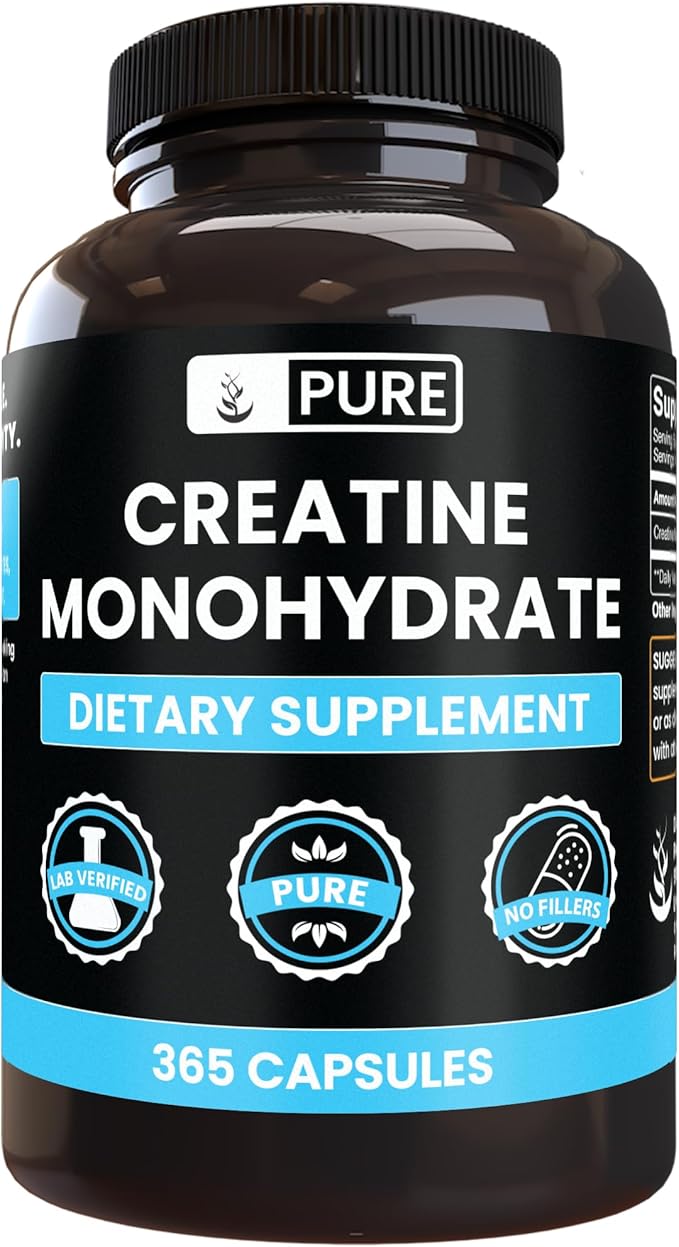PURE ORIGINAL INGREDIENTS Creatine Monohydrate (365 Capsules) No Magnesium Or Rice Fillers Always Pure Lab Verified