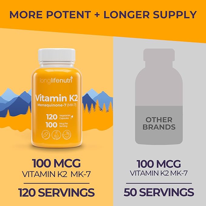 LongLifeNutri Vitamin K2 MK-7 100mcg – Nutrient Support for Bones and Circulation 120 Vegetarian Capsules 4-Month Supply Lab Tested Made in the USA Non-GMO