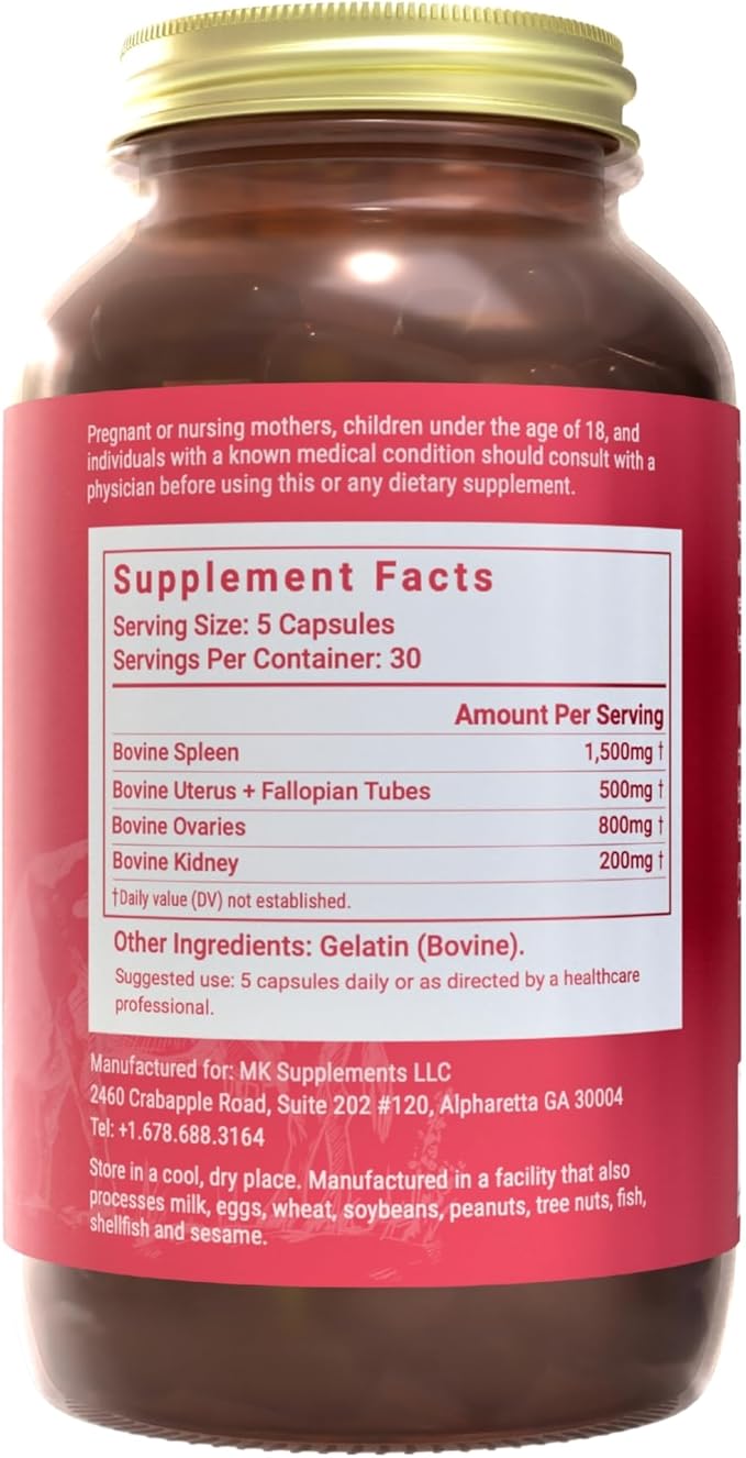 MK Supplements Female Vitality | Grass-Fed Beef Organs for Women | Spleen Uterus Ovaries Fallopian Tubes &amp Kidney | No Phytoestrogens | 150 Capsules