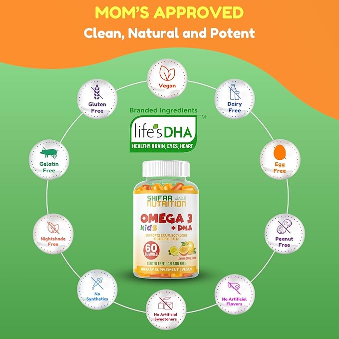 SHIFAA NUTRITION Halal Omega 3 for Kids with DHA Gummies for Brain Development Heart &amp Immune Support Plant-Based Non-GMO Algae-Based DHA Gluten &amp Gelatin-Free Kids Omega 3 Gummies 30 Se