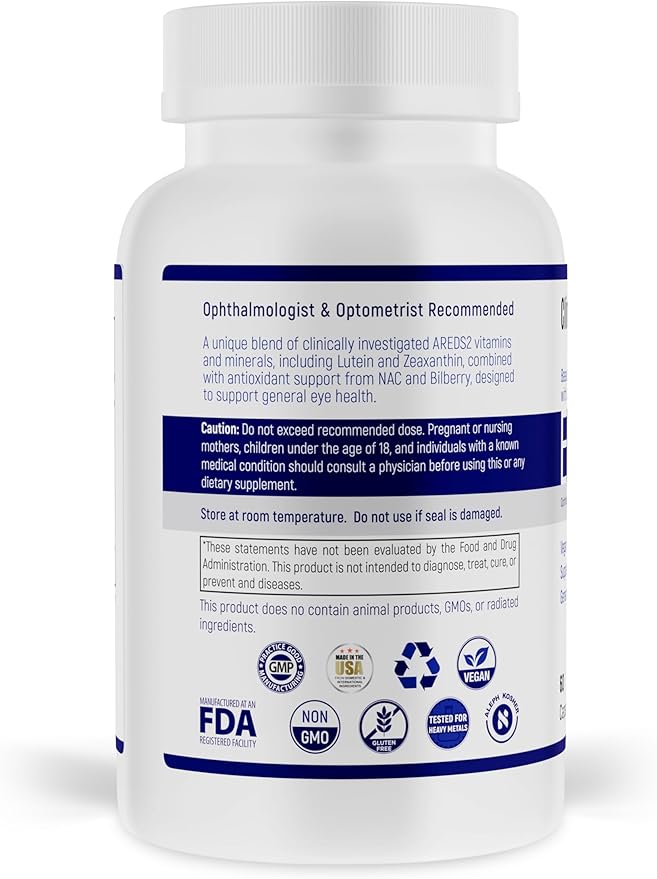Navan EyeRx Antioxidant AREDS2 Eye Vitamins &amp Minerals Supplement for General Eye Health by Clinical Experts - Lutein Zeaxanthin NAC Bilberry Zinc Vitamin C - Kosher Certified 60 Capsules