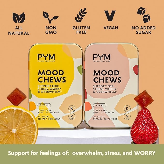 PYM Citrus Mood Chews Support for Stress Worry &amp Overwhelm 60 Count | 130mg GABA 90mg L-Theanine | Vegan Non-GMO Gluten-Free No Added Sugar | All-Natural Mood Balance Supplement Made in USA