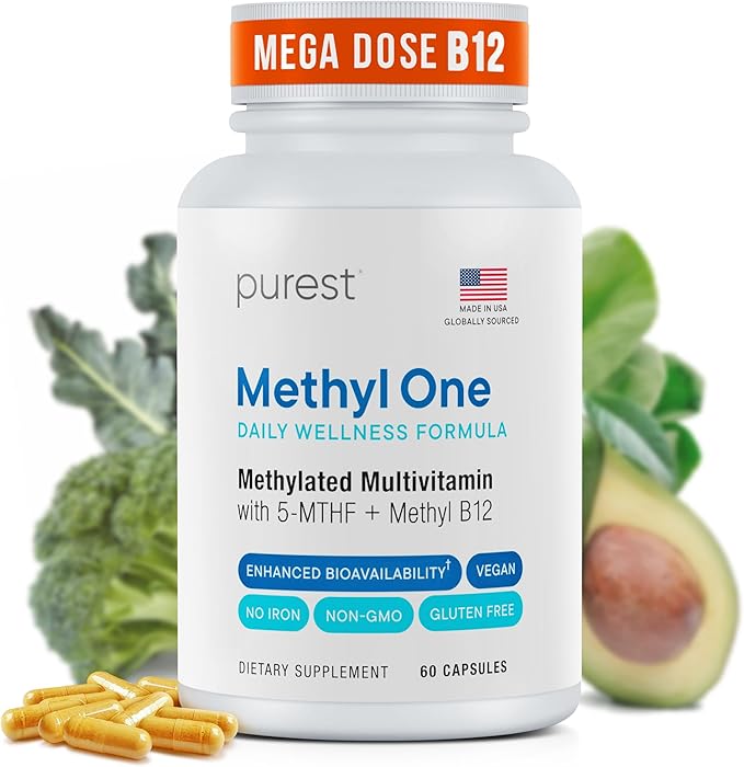 Purest® Methylated Multivitamin for Men &amp Women | Methylated B12 1000mcg Biotin B Complex with 600mcg Vitamin D Vitamin C E A Methylfolate | Daily Methylate Multivitamin for Energy &amp Wel