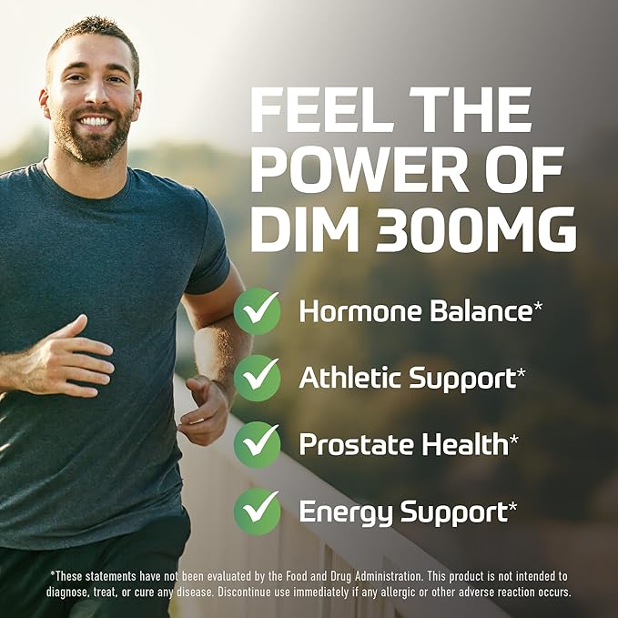 DIM Supplement for Men 300mg | Estrogen Blocker &amp Aromatase Inhibitor | Extra Strength Men’s Hormone Balance &amp Fitness Booster with Diindolylmethane Plus CDG &amp Broccoli Floret | Gluten-Fre