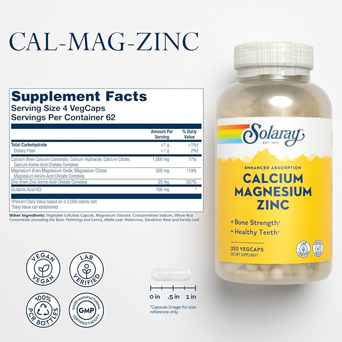 SOLARAY Calcium Magnesium Zinc Supplement - with Calcium 1000mg Magnesium 500mg - Bone Health Muscle Function Heart Health and Immune Support - Vegan 60 Day Guarantee 62 Servings 250 VegCaps