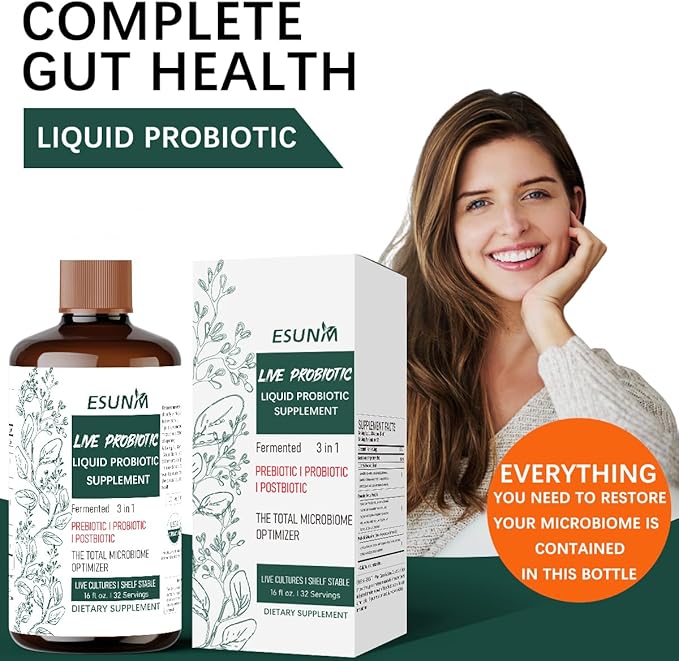 3-in-1 Liquid Probiotic Complex with Prebiotics Probiotics &amp Postbiotics - Features 10 Clinical Strains + 18 Organic Fermented Herbs - Complete Gut &amp Microbiome Support for Men &amp Women (1