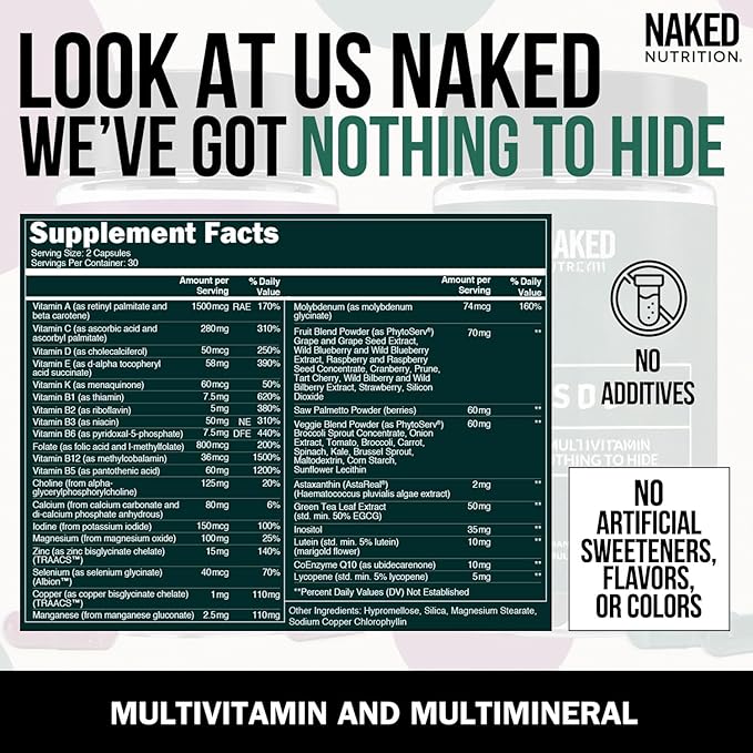 NAKED Men’s Multi – Daily Multivitamin for Men – A C E Selenium Zinc Fruit and Super Green Extracts and More to Boost Immune Support – Gluten-Free and Vegetarian Daily Vitamins – 60 Capsules