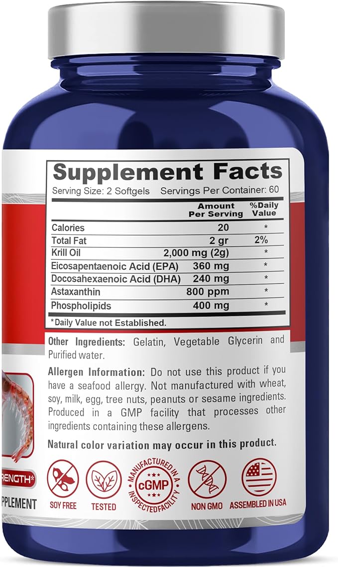 NusaPure Antarctic Krill Oil 2000 mg 120 Softgels Omega-3 EPA 360mg DHA 240mg Soyfree Astaxanthin Supplement Sourced from Krill 800ppm