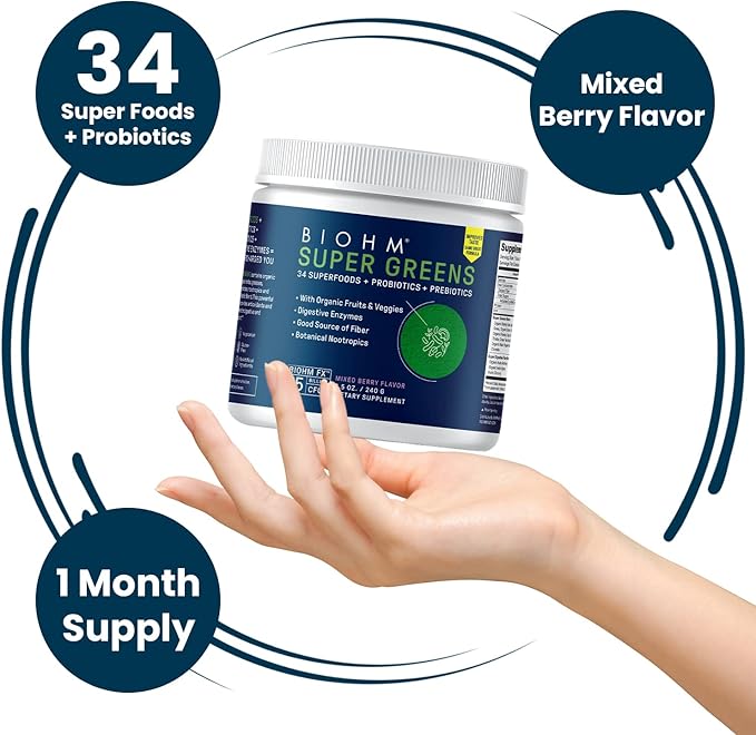 BIOHM Super Greens Green Superfood Powder (8.5 Oz 30 Servings) Antioxidant Veggie Powder &amp Smoothie Mix 34 Superfoods &amp Spirulina Digestive Enzymes Prebiotics and Probiotics Mixed Berry