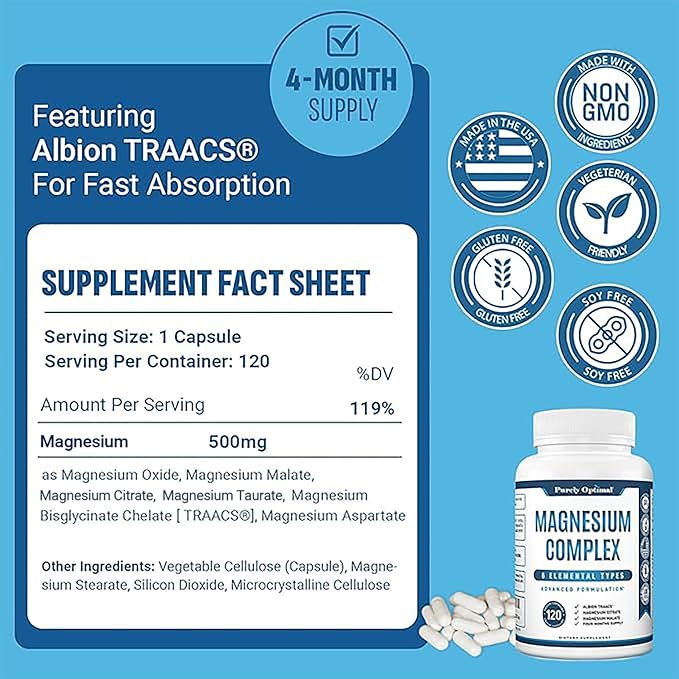 Purely Optimal Magnesium Complex - 6 Forms Magnesium Glycinate Citrate &amp Malate - Sleep Support Stress Relief Muscles Heart Health &amp Relaxation - Magnesium Supplement for Women &amp Men