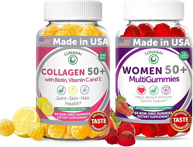 Lunakai USA Made Collagen &amp Multivitamin Gummies Bundle for Women 50+ – Supports Skin Hair Nail Joint Heart Bone &amp Immune Health – 60ct Each