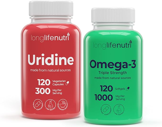 LongLifeNutri Uridine Monophosphate 300 mg &amp Omega-3 Fish Oil 1000 mg Bundle – 120 + 120 Softgels/Veg Caps 4 &amp 4 Month Supplies Nucleotide &amp Essential Fatty Acid Support GMP Certified