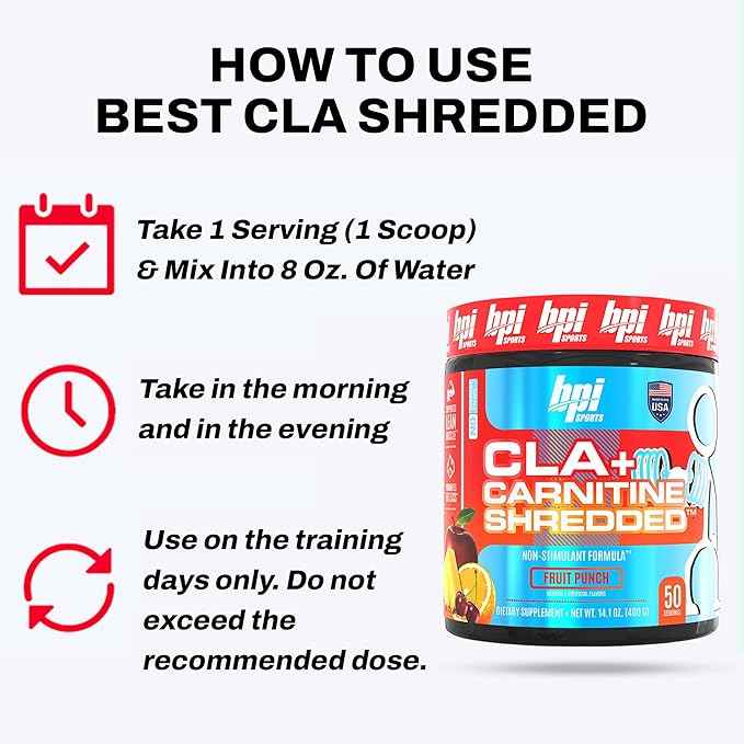 BPI Sports CLA + Carnitine Shredded - Convert Fat Cells Into Energy and Supports Lean Muscle Boost Metabolism - Non-Stimulant L-Carnitine Supplement - Fruit Punch (14.1 oz. / 50 Servings)