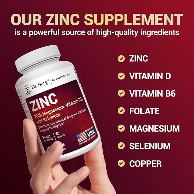 Dr. Berg Zinc 30mg Enhanced with Magnesium Vitamin D3 Selenium &amp Copper - Zinc Supplements for Men &amp Women - Chelated Zinc for Immune Skin Hair &amp Nails Support* - 60 Capsules