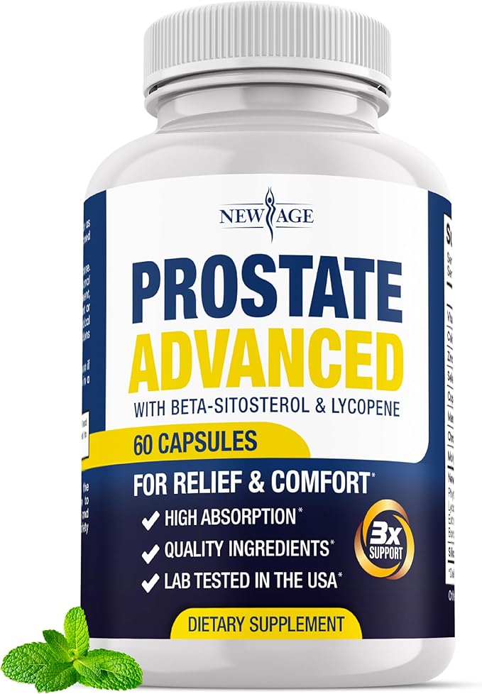 NEW AGE Prostate Advanced Prostate Supplement for Men – Reduce Bathroom Trips Promote Sleep Support Health &amp Bladder Emptying - Made with Lycopene Beta Sitosterol - 60 Count