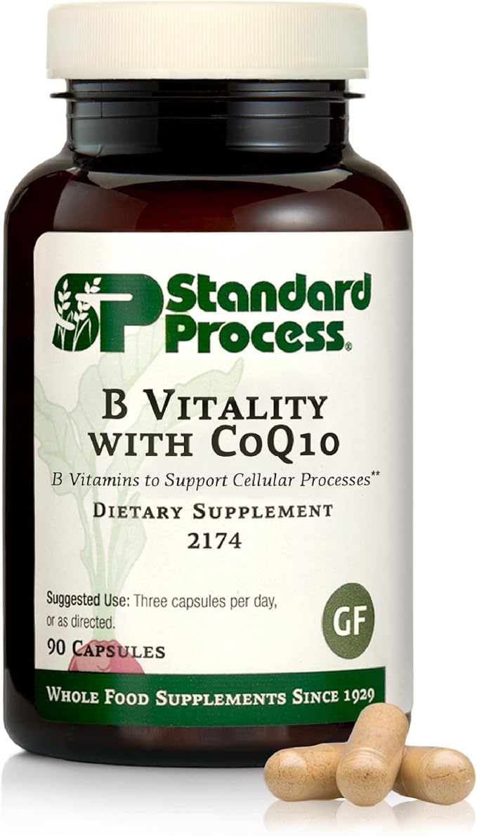 Standard Process B Vitality with Coq10 - Cellular Health Supplement with Biotin Vitamin B12 &amp Folate - Vegan Gluten-Free &amp Non-Dairy - 90 Capsules (30 Servings)