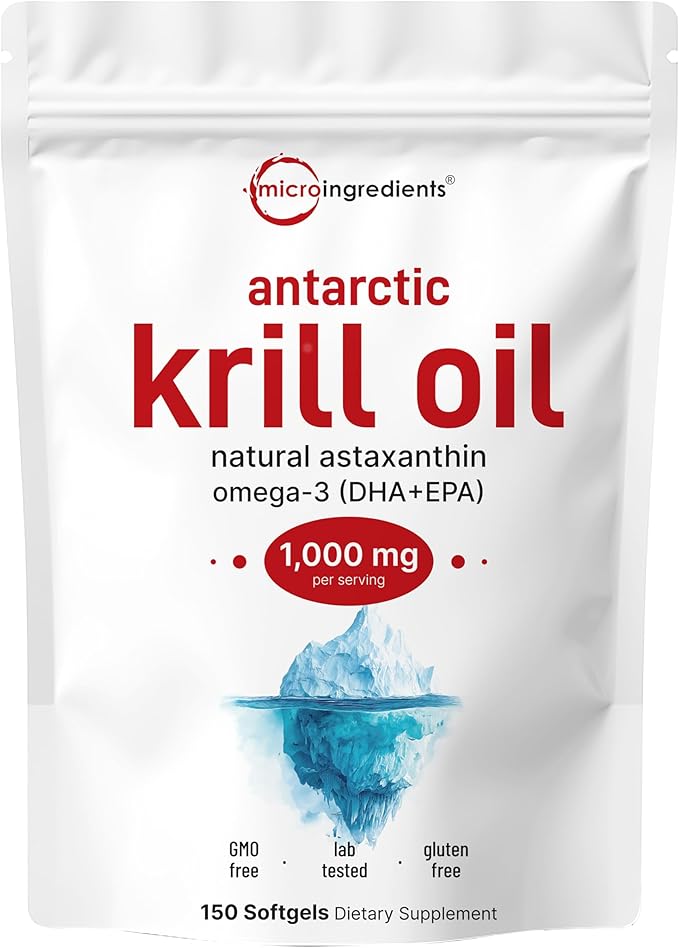 Micro Ingredients Antarctic Krill Oil Supplement with Natural Astaxanthin 1000mg Per Serving 150 Soft-Gels Rich in Omega-3s EPA &amp DHA Supports Immune System &amp Brain Health Easy to Swallow