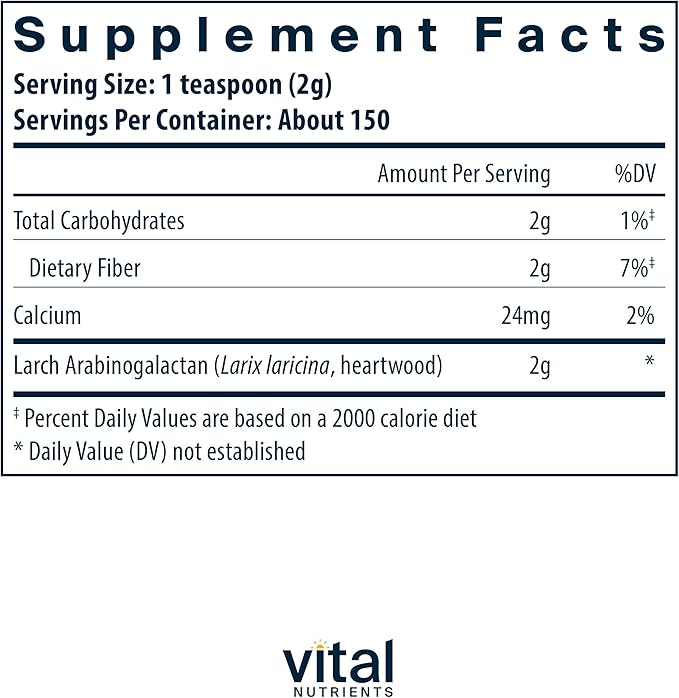Vital Nutrients Arabinogalactan Powder - Vegan Prebiotic Fiber Supplement for GI Health Liver and Immune Support* - Gluten Dairy Soy Free - Non-GMO - 300g