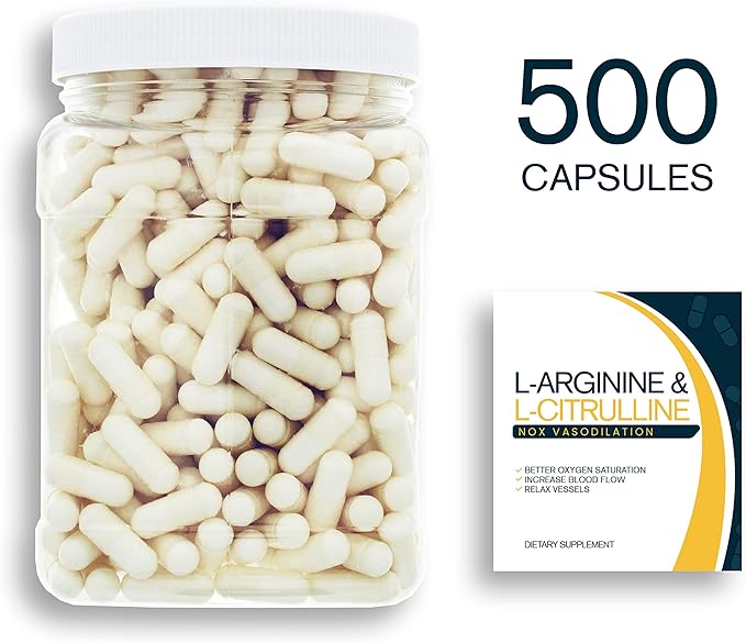 NOX Blend - 500 Capsules of L-Arginine &amp L-Citrulline in a Clear Square Grip Jar