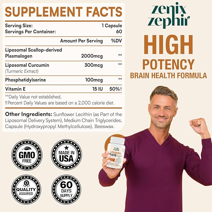 Liposomal Brain Supplements for Memory and Focus - Plasmalogen with Curcumin &amp Vitamin E for Better Absorption- Suitable for SeniorsAdult Men &amp Women Cognitive HealthHigh Potency 60 Servings
