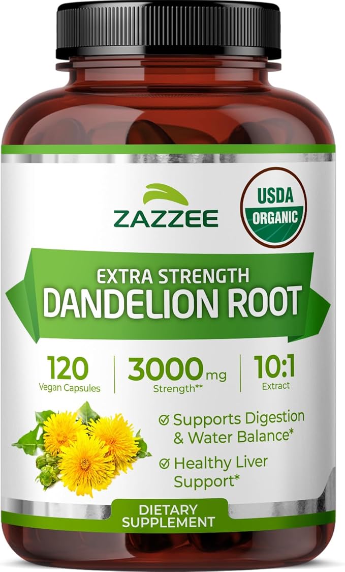 Zazzee USDA Organic Dandelion Root 10:1 Extract 120 Capsules 4 Month Supply Liver &amp Detox Support Taraxacum Officinale Organic Herbal Supplement All-Natural Non-GMO Made in the USA