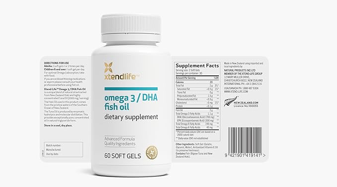 Xtendlife Omega 3 DHA Fish Oil for Heart Brain &amp Joint Health - 1100mg Omega - 3 with 700mg DHA &amp 300mg EPA - 1 Month Supply (60 Count)