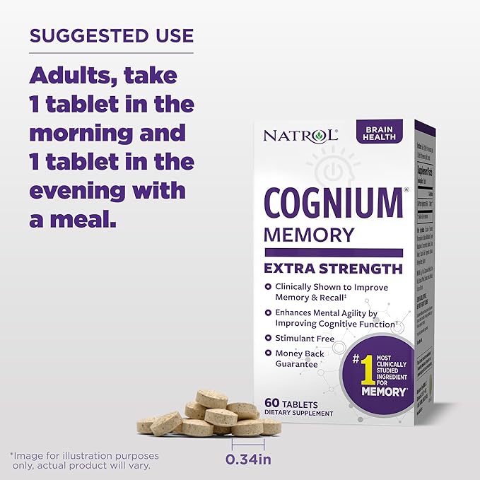 Natrol Cognium Memory Extra Strength Brain Health Supplements for Adults Brain Memory Supplements Enhances Mental Agility in Healthy Adults 60 Tablets Up to a 30 Day Supply (Pack of 2)