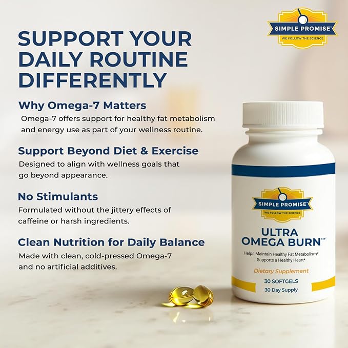 Simple Promise Ultra Omega Burn - Omega-7 Supplement with Pure Palmitoleic Acid - Fish Oil for Metabolism Weight Support &amp Cardiovascular Health - Healthy Heart Support for Men &amp Women | 30 S