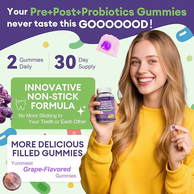 Totaria 2 PCS Sugar Free 5-in-1 Probiotic Prebiotic Postbiotic Gummy 36 Strains Probiotics for Women Men with Digestive Enzymes Peppermint Complete Immune Gut &amp Digestive Support Grape Flavor