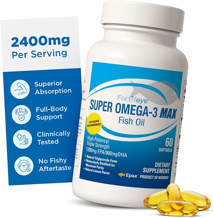 Fortifeye Super Max Omega-3 Fish Oil 60Count 2400mg Made in Norway - High Potency rTG Form Omega 3 Supplement with EPA &amp DHA Fish Oil Capsules for Heart Brain Joint Eye Function Natural Lemon Fl
