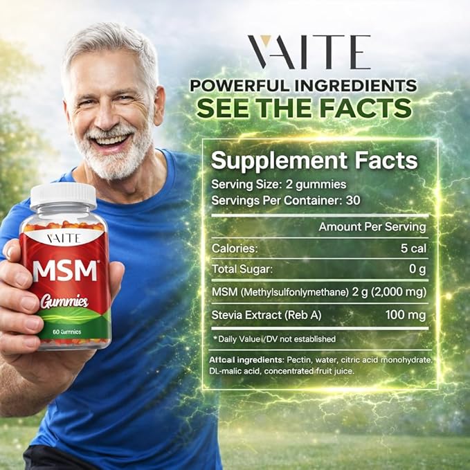 VAITE MSM Supplements for Men &amp Women 2000mg - Joint Support Hair Skin &amp Nails Sulfur Supplement - Vegan Non-GMO Gluten-Free - Skip Hard-to-Swallow Capsules &amp Powder - Easy to Take 60