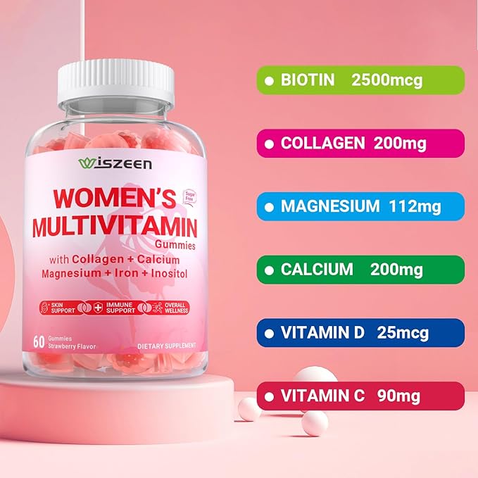 Sugar Free Methylated Multivitamin for Women Gummies Biotin Collagen Calcium Magnesium Inositol Folate Iron Vitamin A C D E - Womens Vitamins for Energy Immune Bone Skin Hair
