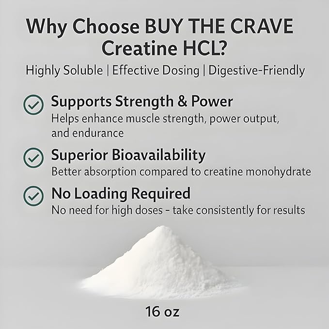 Creatine HCL Powder (16 oz) 1 Ingredient Energy Production Athletic Performance 604 Servings No Bloating Fast Absorption High Solubility Enhanced Strength &amp Endurance (16 oz)