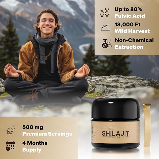 Organic Himalayan Shilajit Resin - 500mg Max Potency Lab Tested Pure Shilajit for Men and Women 85+ Trace Minerals Fulvic Acid Immune Support Energy &amp Cognitive Performance 4 Month Supply 60