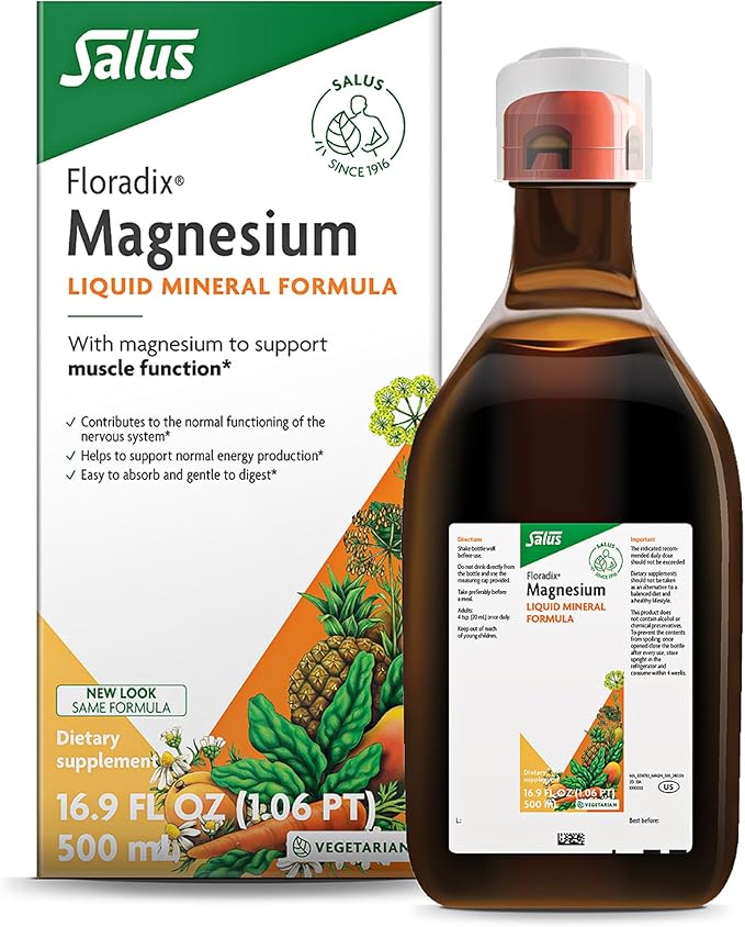 Floradix Magnesium - Liquid Herbal &amp Mineral Supplement Supports Healthy Nervous System &amp Normal Muscle Function - Gentle Liquid Formula - Vegetarian Gluten-Free &amp Non-GMO - 16.9 fl oz