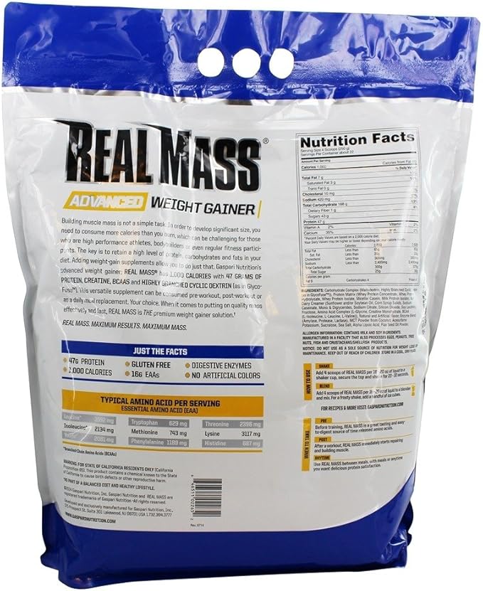 Gaspari Nutrition Real Mass: Advanced Weight Gainer Protein and Complex Carb Blend 50g Protein 16g EAAs Gluten-Free 12 lbs (Vanilla Milkshake)