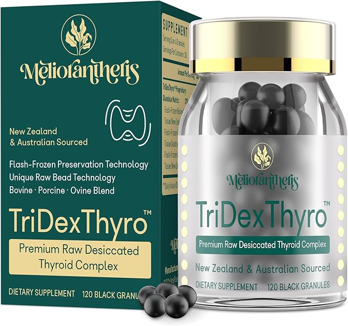 Thyroid Supplement – TriDexThyro™ Raw Desiccated Thyroid Complex 375 mg with Bovine Porcine &amp Ovine –120 Capsules for Women and Men（1 Pack）